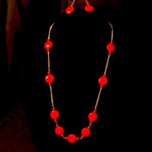 Gold Tone-Red Necklace & Earring Set